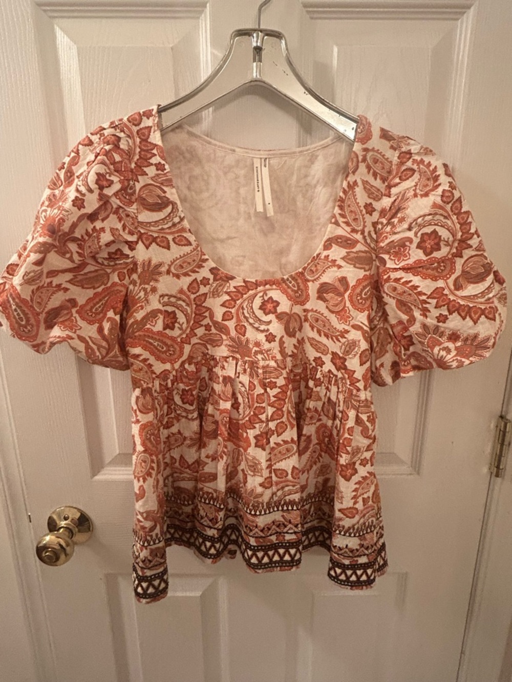 Anthropologie Rust and Cream Paisley Puff-Sleeve Tunic